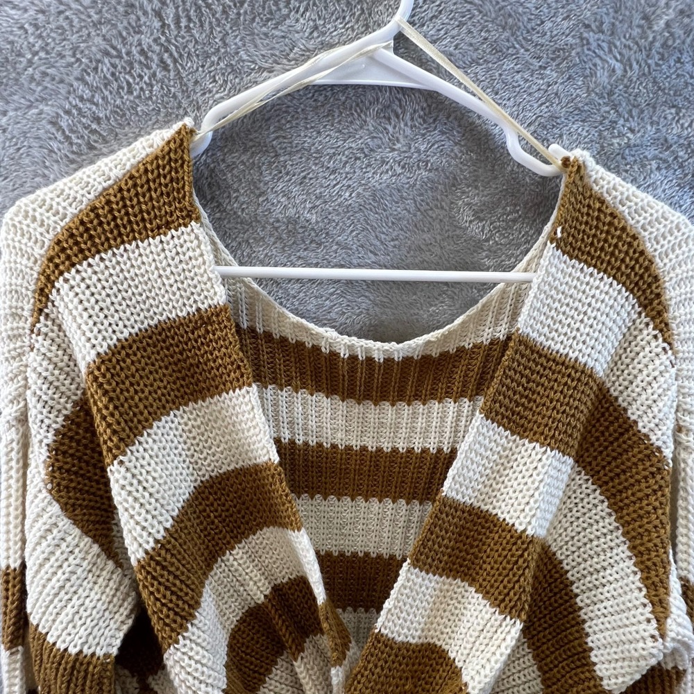 Mustard Yellow Cream Striped Twist‎ Front Knit Sweater Womens M Boho Y2K